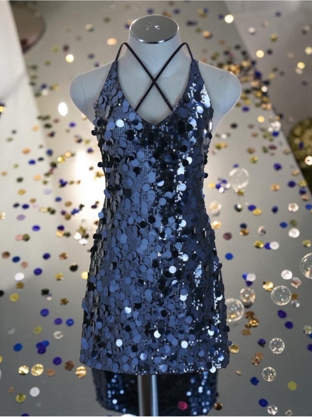 Sequin Mini Dress in Blue with Criss Cross Back - NWT - Picture 4 of 4